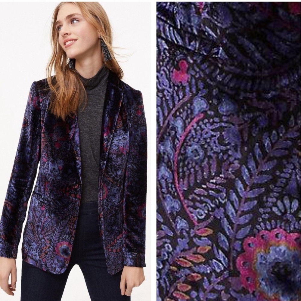 LOFT Paisley Velvet Blazer Jacket Women 4 Purple Excellent Boho Career Chic